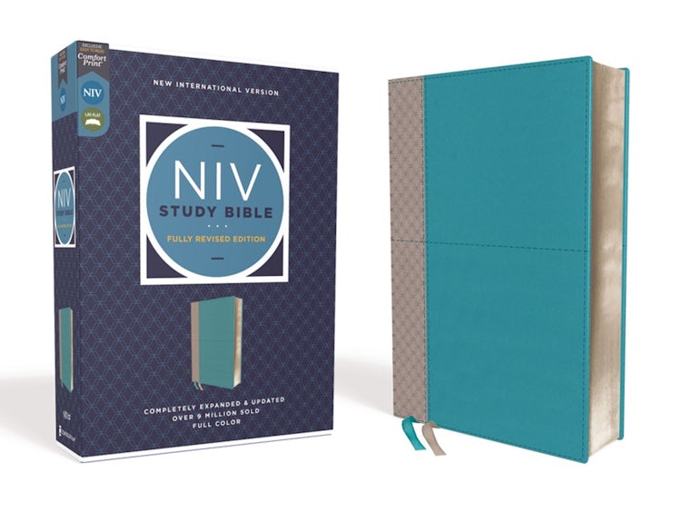 Cover image for NIV Study Bible, Fully Revised Edition, Leathersoft, Teal/gray, Red Letter, Comfort Print, isbn: 9780310449034