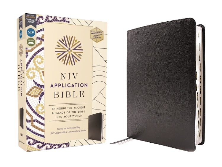 Cover image for NIV Application Bible, Black, Red Letter, Thumb Indexed: Bringing the Ancient Message of the Bible into Your World, isbn: 9780310465133