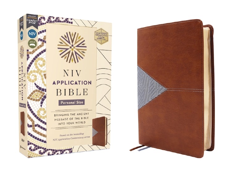 Cover image for NIV Application Bible, Personal Size, Brown/Blue, Red Letter, Comfort Print : Bringing the Ancient Message of the Bible into Your World, isbn: 9780310465249
