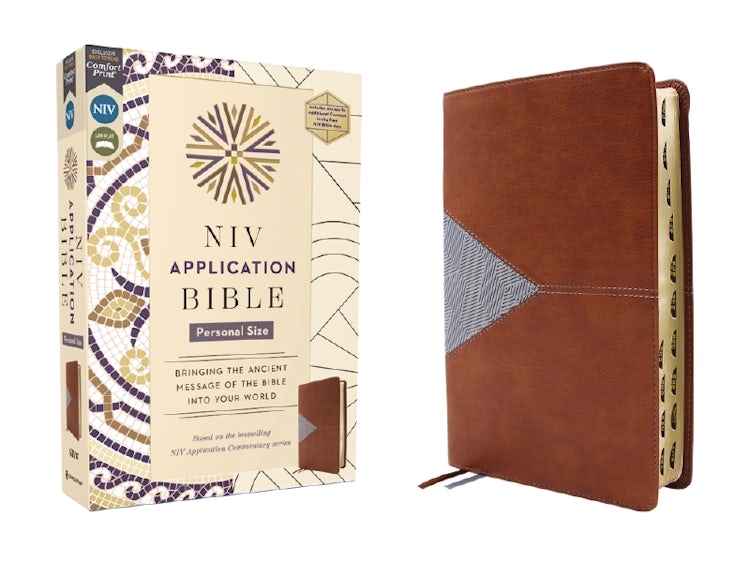 Cover image for NIV Application Bible, Personal Size, Brown/Blue, Red Letter, Index: Bringing the Ancient Message of the Bible into Your World, isbn: 9780310465256