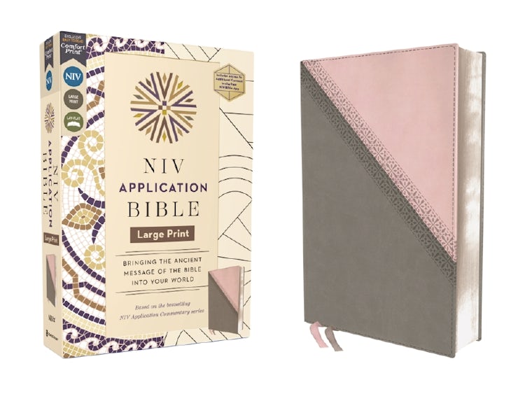 Cover image for NIV Application Bible, Large Print, Pink/Gray, Red Letter, Comfort Print: Bringing the Ancient Message of the Bible into Your World, isbn: 9780310465331
