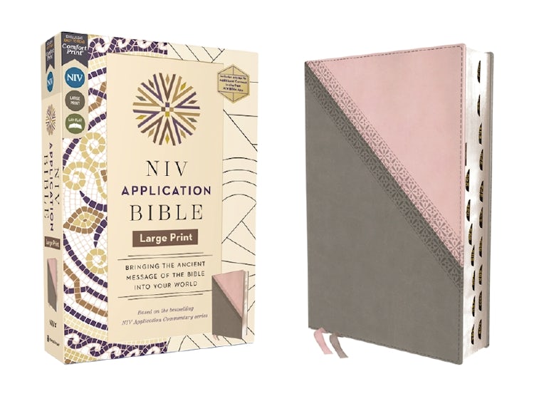 Cover image for NIV Application Bible, Large Print, Pink/Gray, Red Letter, Thumb In: Bringing the Ancient Message of the Bible into Your World, isbn: 9780310465348