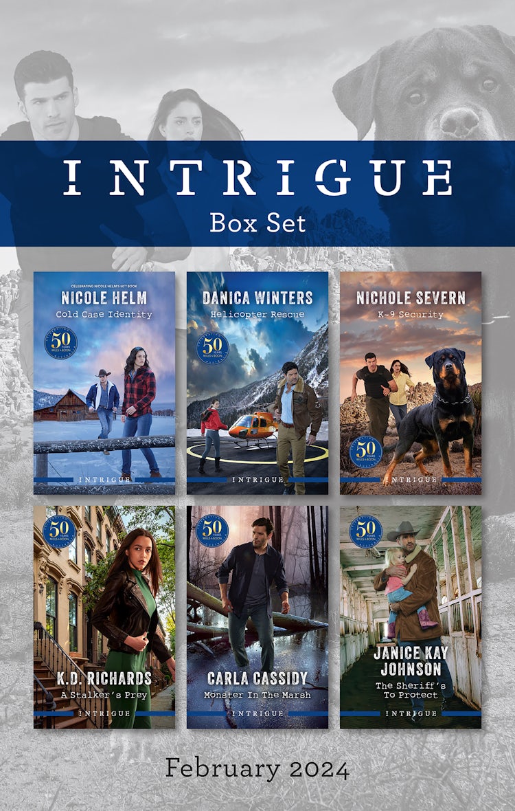 Cover image for Intrigue Box Set Feb 2024/Cold Case Identity/Helicopter Rescue/K-9 Security/A Stalker's Prey/Monster In The Marsh/The Sheriff's To Protect, isbn: 9781038905307