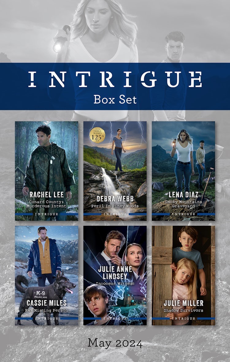 Cover image for Intrigue Box Set May 2024/Conard County: Murderous Intent/Peril In Piney Woods/Smoky Mountains Graveyard/K-9 Missing Person/Innocent Witness/Shadow Survivors, isbn: 9781038911155