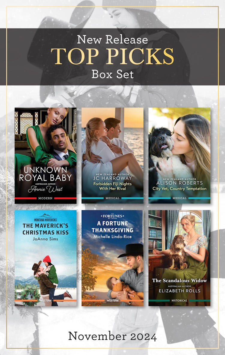 Cover image for Top Picks New Release Box Set Nov 2024/Unknown Royal Baby/Forbidden Fiji Nights With Her Rival/City Vet, Country Temptation/The Maverick's Christmas Kiss/A Fortune Thanksgiving/The Scandalous Widow, isbn: 9781038941978