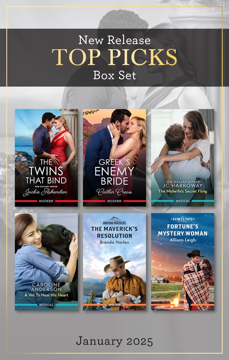 Cover image for Top Picks New Release Box Set Jan 2025/The Twins That Bind/Greek's Enemy Bride/The Midwife's Secret Fling/A Vet To Heal His Heart/The Maverick's Resolution/Fortune's Mystery Woman, isbn: 9781038947345