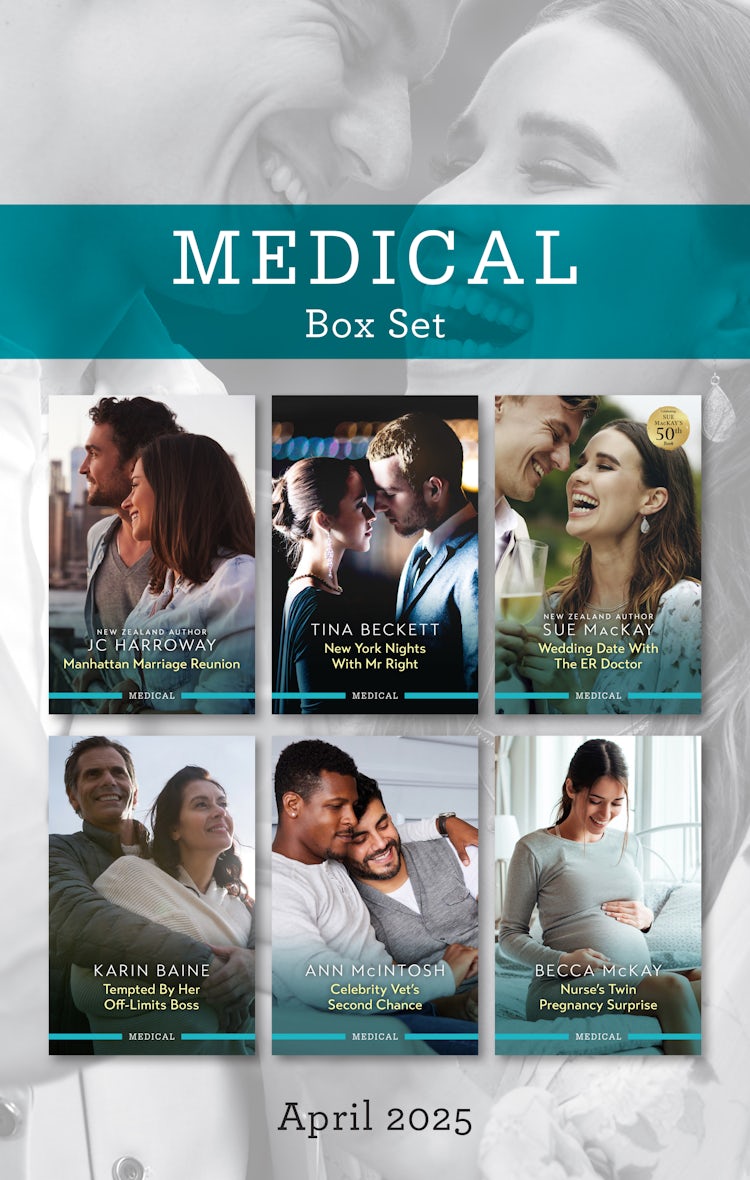 Cover image for Medical Box Set April 2025/Manhattan Marriage Reunion/New York Nights With Mr Right/Wedding Date With The ER Doctor/Tempted By Her Off-Limits Boss/Celebrity Vet's Second Chance/Nurse's Twin Pregnancy, isbn: 9781038950260