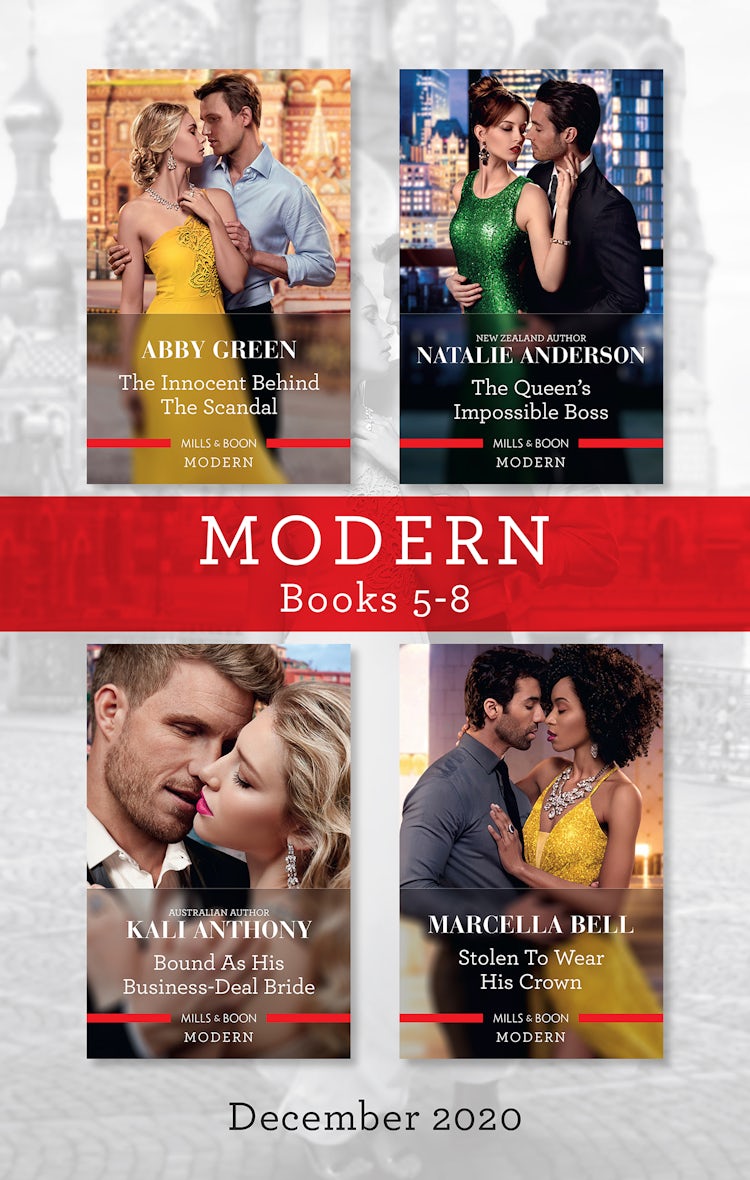 Cover image for Modern Box Set 5-8 Dec 2020/The Innocent Behind the Scandal/The Queen's Impossible Boss/Bound as His Business-Deal Bride/Stolen to Wear His Crow, isbn: 9781867219163