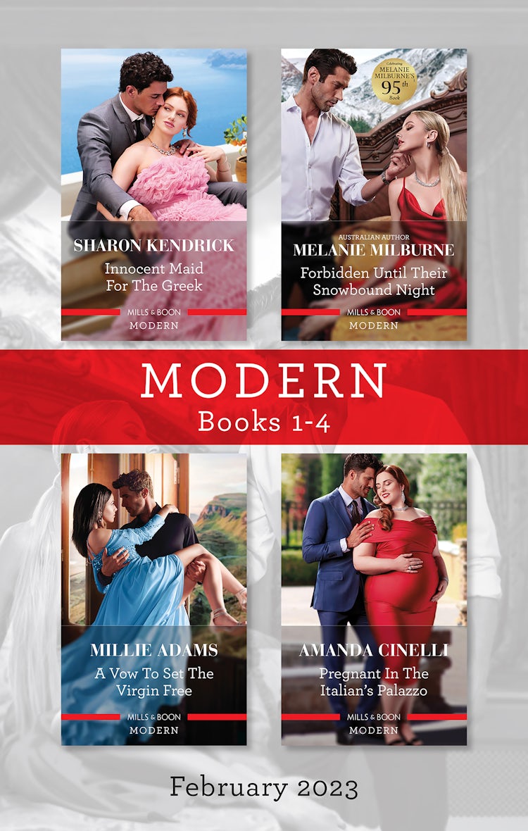 Cover image for Modern Box Set 1-4 Feb 2023/Innocent Maid for the Greek/Forbidden Until Their Snowbound Night/A Vow to Set the Virgin Free/Pregnant in the Italian's Palazzo, isbn: 9781867277866