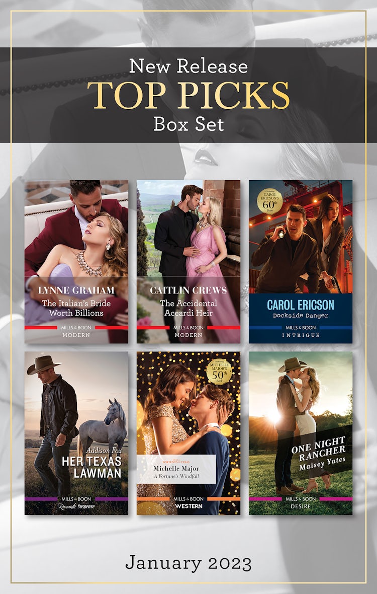 Cover image for Top Picks New Release Box Set Jan 2023/The Italian's Bride Worth Billions/The Accidental Accardi Heir/Dockside Danger/Her Texas Lawman/A Fortune's Windfall/One Night Rancher, isbn: 9781867278771