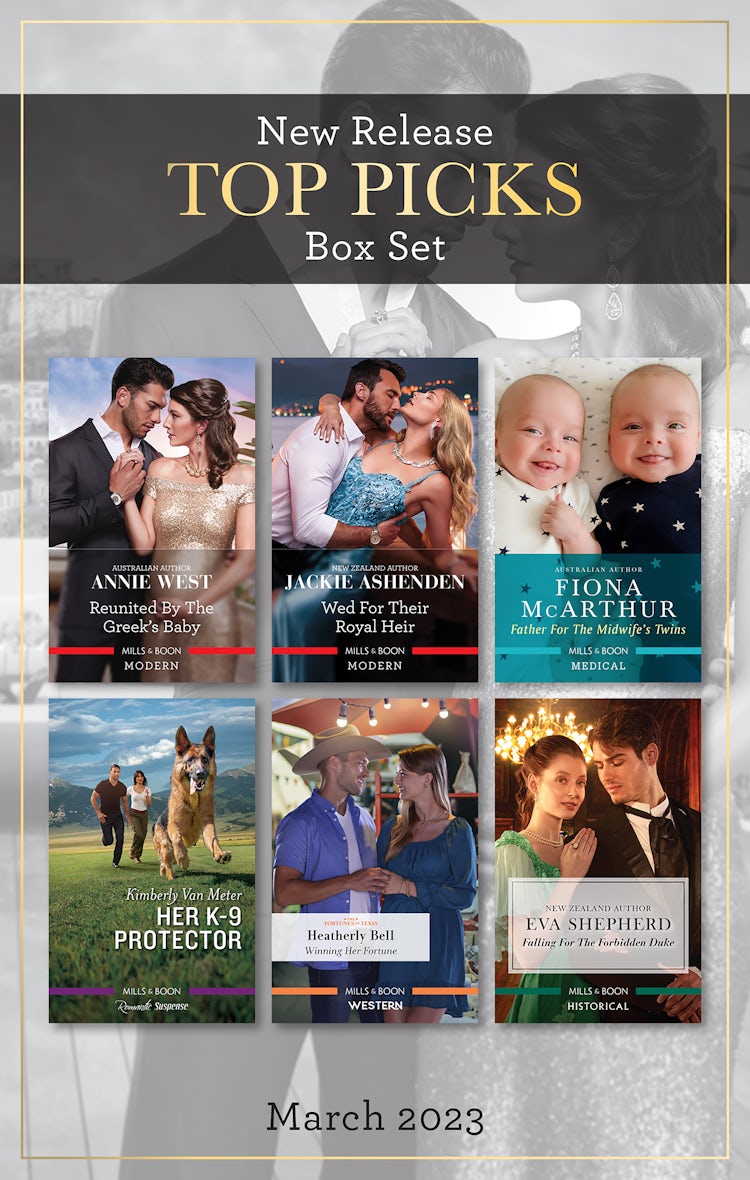 Cover image for Top Picks New Release Box Set Mar 2023/Reunited by the Greek's Baby/Wed for Their Royal Heir/Father for the Midwife's Twins/Her K-9 Protector/Winning Her Fortune/Falling for the Forbidden Duke, isbn: 9781867285847